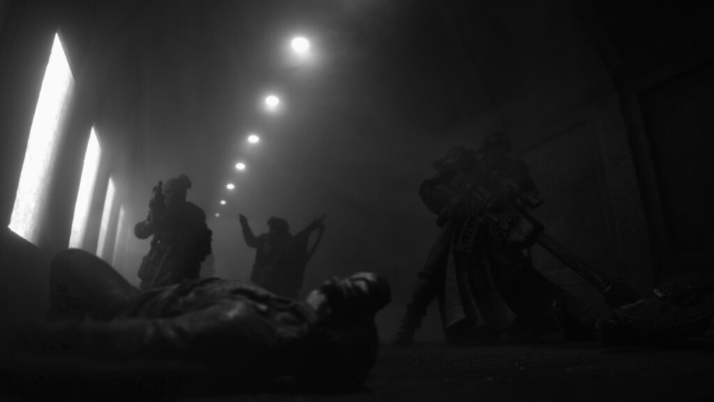 Knights of Embersworn in a tunnel - black and white miniature photography